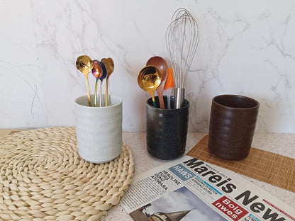 Stoneware Coffee Bar Utensil Holder Tea & Coffee Spoon & Stirrer Holder for Stir Stick Straw Teaspoon Holder Spoon Cup Small Utensil Jar (Retro Black)