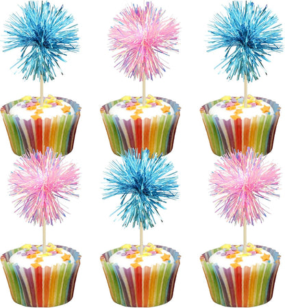 Gyufise 30Pcs Foil Firework Cupcake Toppers Sparkle Tinsel Cake Toppers Tinsel Drink Cake Decoration Cocktail Picks for Birthday Wedding Graduation Party Supplies Light Blue Pink