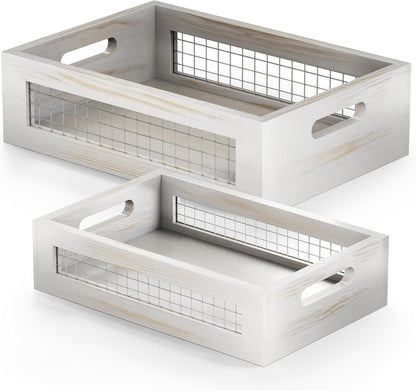 Wooden Countertop Baskets Set of 2 for Kitchen, Bathroom, Pantry|Wall Mount Upgrade with Full Accessories| Rustic Nesting Boxes|Wooden Organizer Crates for Fruit, Vegetables, Produce, Bread