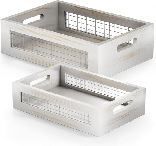 Wooden Countertop Baskets Set of 2 for Kitchen, Bathroom, Pantry|Wall Mount Upgrade with Full Accessories| Rustic Nesting Boxes|Wooden Organizer Crates for Fruit, Vegetables, Produce, Bread
