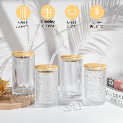 13 oz Drinking Glasses Set of 4 with Bamboo Lids Straws Hobnail Boho Glassware Set Vintage Glass Cups Embossed Iced Coffee Cup for Beer Cocktail Beverage(Hobnail)