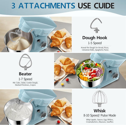 Facelle Stand Mixer, 10-Speed 6QT Kitchen Electric Mixer, Tilt-Head Food Mixer with Beater, Dough Hook, Wire Whip and Egg Separator, scraper for Most Home Cooks - Blue