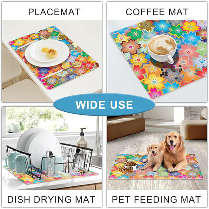Coffee Mat for Kitchen Counter - Hide Stain Absorbent Dish Drying Mat, Rubber Coffee Bar Mats, Drying Pads, Accessories Fit Under Tea Pot, Cafe Maker, Espresso Machine, Dish Rack, 19"x12", Flowers