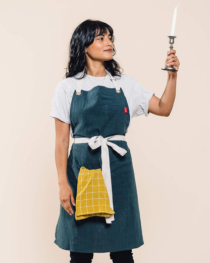 Caldo Linen Kitchen Apron - Mens and Womens Linen Bib Apron - Adjustable with Pockets (Spruce)