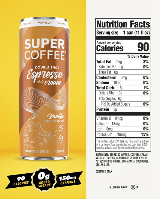 SUPER COFFEE Espresso, Iced Keto Coffee (0g Added Sugar, 90 Calories) [Vanilla] 11 Fl Oz, 12 Pack | Smart Coffee Drink - SoyFree GlutenFree