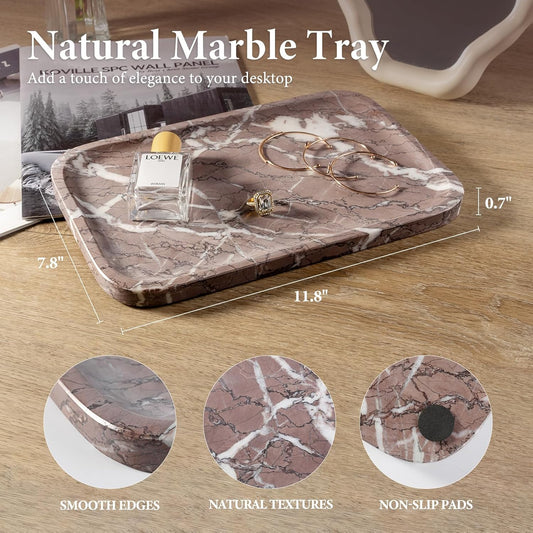 Koville Marble Tray, 12"x8" Marble Vanity Tray for Bathroom Kitchen Countertop, Rectangular Stone Tray for Cosmetics Perfume Trinket, Decorative Catchall Trays (Lilac)