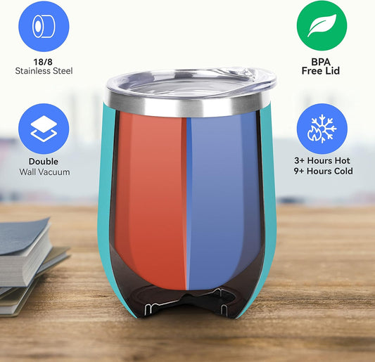 DOMICARE Stainless Steel Wine Tumbler Bulk with Lid, Personalized Insulated Tumblers Set, 12oz Travel Coffee Cups Pack of 4, Light Blue