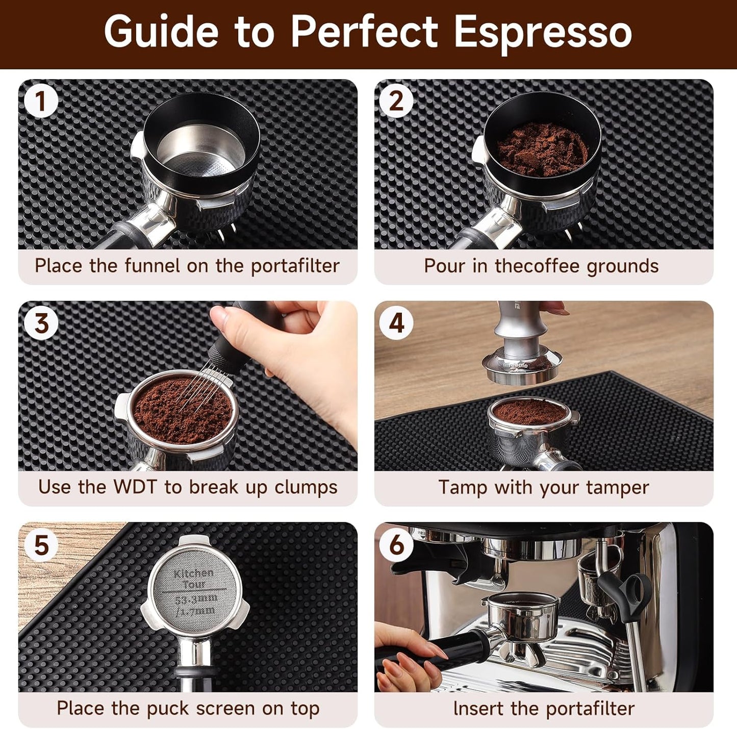 KitchenTour Espresso Accessories Kit 58mm, WDT Tool, Dosing Funnel and Puck Screen Set, 304 Stainless Steel Needle Coffee Distribution Stirrer, Portafilter Dosing Ring for Barista 58mm