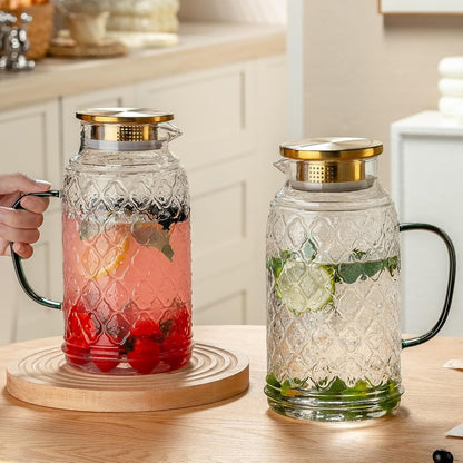 Glass Pitcher with Lid,84 oz/2.5 Liter Vintage Water Pitcher, Clear Borosilicate Glass Water Carafe for Cold Brew, Coffee, Lemonade, Iced Tea, Juice, Beverage, Heat Resistant Water Glass Jug