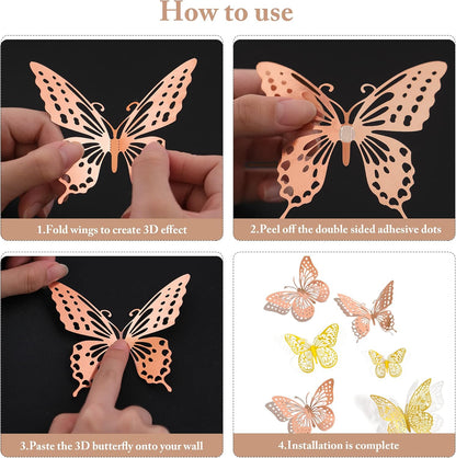 SAOROPEB 3D Butterfly Wall Decor, 48 Pcs 4 Styles 2 Color 3 Sizes, Removable Metallic Wall Sticker Room Mural Decals for Kids Bedroom Nursery Classroom Party Decoration (2 Color)