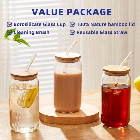 4pcs Set-16oz, Glass Cups with Bamboo Lids and Glass Straw - Beer Can Shaped,CuteTumbler Cup,Soda,deal for Cocktail,Iced Coffee Cups,4 Cleaning Brushes
