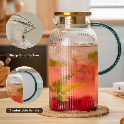 2 PACK Glass Pitcher with Lid,68 oz/ 2 Liter Vertical Stripes Water Pitcher With Green Handle,Glass Water Carafe for Cold Brew,Coffee, Lemonade, Iced Sun Tea,Beverage,Milk Heat Resistant