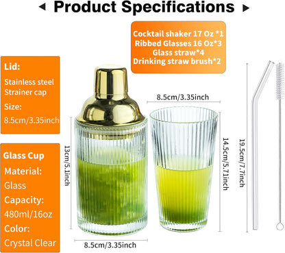 Glass Cocktail Shaker Set with Ribbed Glassware, Lids, and Straws - Elegant Bartender Kit for Whiskey, Cocktails - Dishwasher Safe, Perfect Home Bar Accessory (Glass Shaker + 3 Ribbed Glasses)