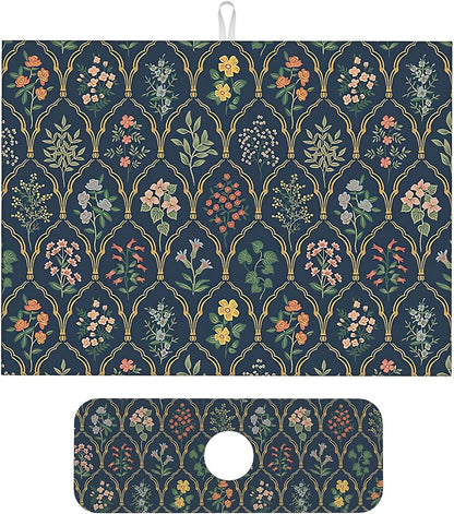 2Pcs Dish Drying Mats Faucet Mats Sets Large Size Coffee Mats Sink Faucet Mat Splash Guard for Kitchen Counter Bathroom Sink Coffee Bar Kitchen Decor (Vintage Flowers, 18"x24" 15" x 5.5"Set)