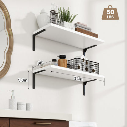 Fun Memories Deep Floating Shelves, 24W x 8D Floating Shelves Set of 2, Wall Mounted Shelf with Metal Brackets, Rustic Wood Wall Shelf for Bathroom, Kitchen and Living Room, White