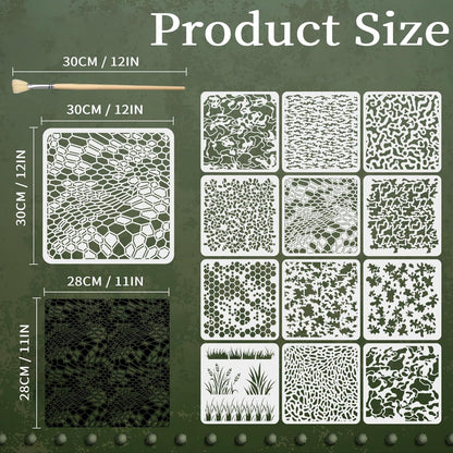 12PCS Camo Stencils for Spray Paint 12 x 12 Inch Camouflage Pattern Stencils with Brushes Grass Pattern Stencil Reusable Camo Stencil for Painting Wood Boat DIY Crafts Spray Painta