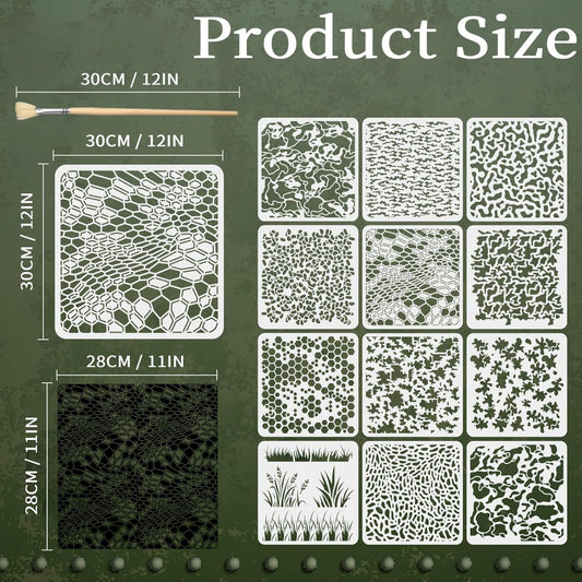 12PCS Camo Stencils for Spray Paint 12 x 12 Inch Camouflage Pattern Stencils with Brushes Grass Pattern Stencil Reusable Camo Stencil for Painting Wood Boat DIY Crafts Spray Painta