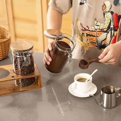 Yangbaga Glass Coffee Container with Wooden Shelf,2×45OZ Coffee and Sugar Container Set,Coffee Canisters with Airtight Lids and Scoop,Large Capacity Food Storage Jars for Coffee Beans,Nuts,Tea,Sugar