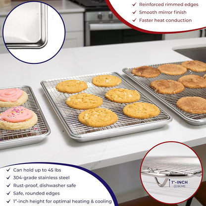 KITCHENATICS Aluminum Jelly Roll Pan 15x10 and Stainless Steel Rack Set, Baking Pan with Rack for Oven Cooking, Baking Sheet with Cooling Rack - Heavy Duty Sheet Pan and Bacon Rack