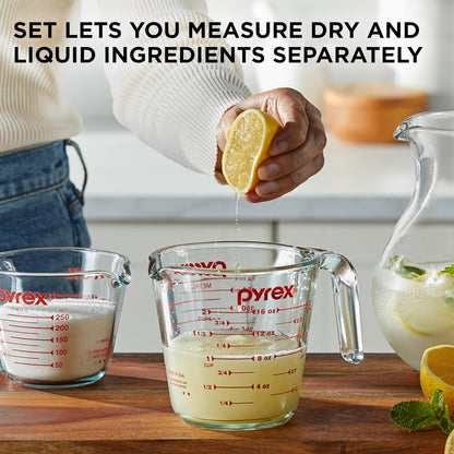 Pyrex Essentials (2-Pack) Glass Measuring Cups Set, (1 & 2 Cup) Measuring Cups For Prepping, Baking and Cooking, Preheated Oven, Dishwasher, Freezer, and Microwave Safe