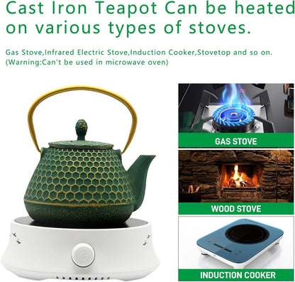 Cast Iron Tea Kettle Set, 33.8oz Hexagon Pattern Teapot Set with Cups, Teapot Coated with Enameled Interior, Durable Cast Iron Teapot Set with Stainless Steel Infuser