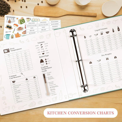 Lanpn Recipe Binder 8.5x11 3 Ring Kit, Waterproof Organizer Binder Recipe Book with 60 Plastic Sleeves,116 Recipes, Dividers,Labels & Stickers, Blank Cookbook to Write in Your Own Recipes, Leaf