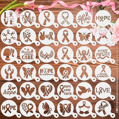 JULBEAR Breast Cancer Awareness Cookie Stencils, 36pcs Pink Ribbon Reusable Coffee Decoration Stencils Templates Tools for Cookies Baking Painting Dessert Decoration DIY Breast Cancer Awareness Party