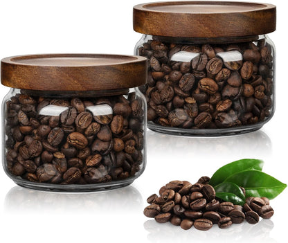 2PCS Small Glass Storage Jars with Airtight Lids, 11 fl oz (300ml) coffee container with Wooden Lid, Glass Pantry Canister for Beans, Rice, Sugar and etc