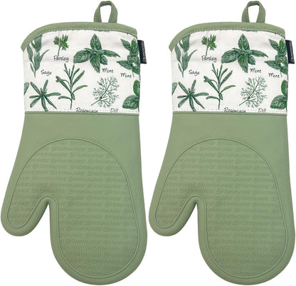 Delaney Silicone Oven Mitts Set - Extra Long, Heat Resistant Kitchen Gloves, Non-Slip Holders for BBQ, Baking, Cooking Essentials, Sage & Herbs, Kitchen Decor, Oven Gloves, New Home Gifts