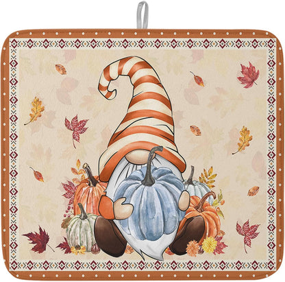 Fall Dish Drying Mat for Kitchen Counter Pumpkin Gnome Drying Pad Absorbent Drying Mats for Countertops Sinks Draining Racks Autumn Maple Leaves Drainer Holiday Harvest Thanksgiving Decorations 16x18