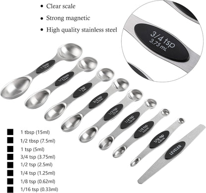 Measuring Cups and Spoons Set Stainless Steel Includes 8 Heavy Duty Measuring Cups 8 Double Sided Magnetic Measuring Spoons and 1 Leveler for Dry and Liquid Ingredients