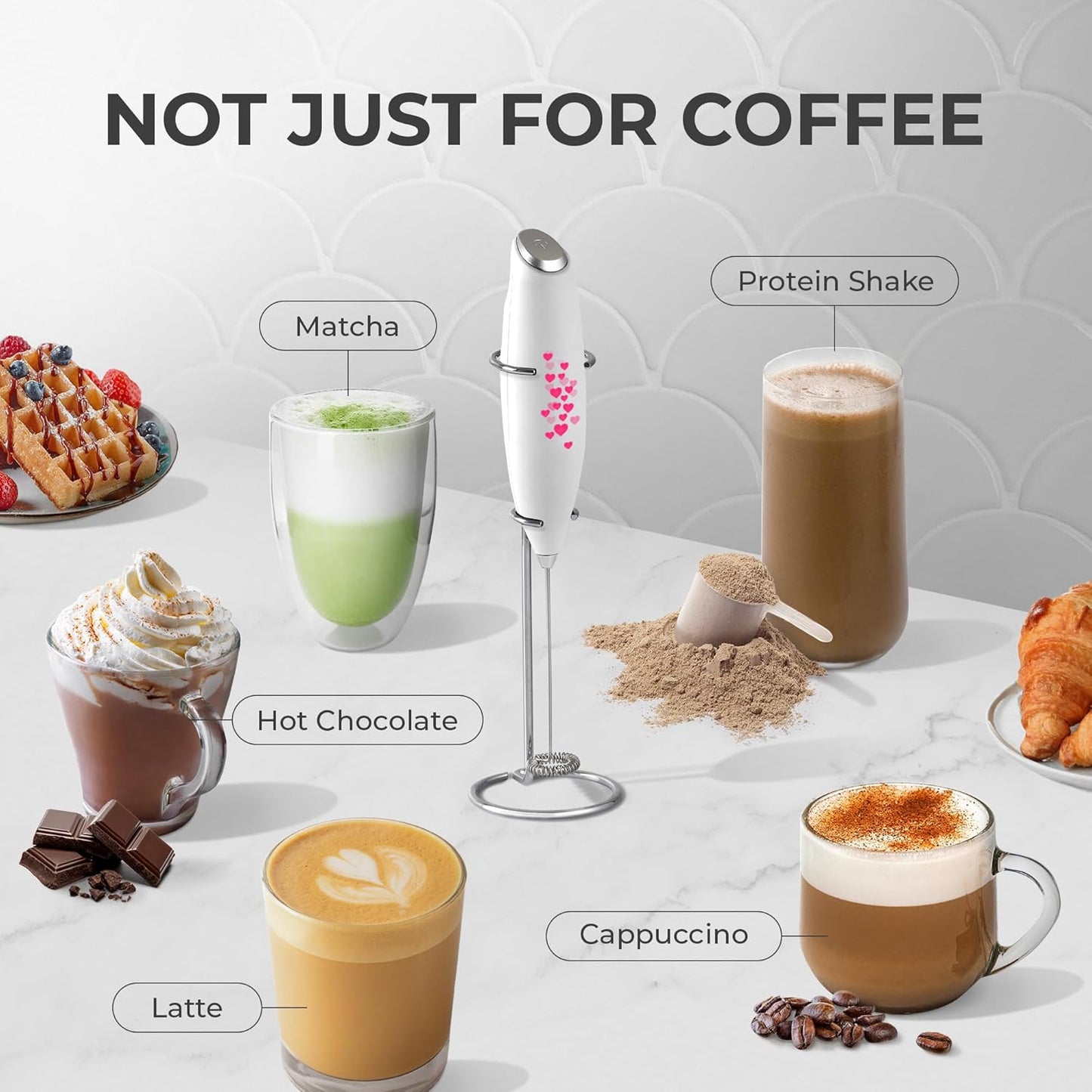 Zulay Kitchen Powerful Milk Frother Wand - Ultra Fast Handheld Drink Mixer - Electric Whisk Foam Maker for Coffee, Lattes, Cappuccino, Frappe, Matcha & Coffee Creamer - Milk Boss White with Hearts