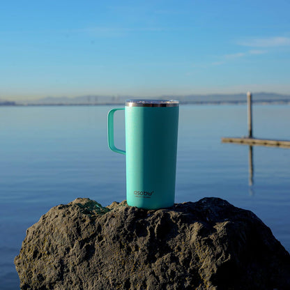 asobu Tower Mug Ceramic Inner Coated Insulated Stainless Steel Cup for Pure Tasting Coffee with Easy Hold Handle and Tritan Lid Fits Standard Cup Holders 20 Ounce Travel Mug