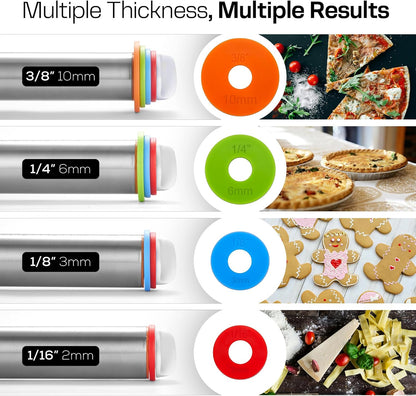 Adjustable Stainless Steel Rolling Pin with 4 Dough Thickness Rings & Non-Stick Red Pastry Mat – 17" Professional Tool for Baking Pizza, Pasta, Cookies & Pie Crusts