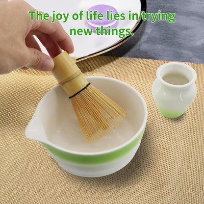 Matcha Whisk Set 7 Pcs Ceremony Kit - Gradient Glaze Ceramic Bowl, Bamboo Chasen & Holder, Sifter Scoop Gift for Matcha Lovers (Christmas/Birthday) (Green)