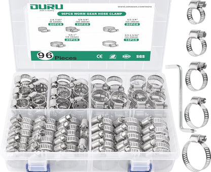 96PCS Hose Clamps Stainless Steel Assortment Adjustable 1/4"-1-5/32"(6-29mm) Worm Gear Hose Clamp, Heavy Duty Metal Small Hose Clamps for Automotive, Pipe, Radiator Plumbing, Fuel Line