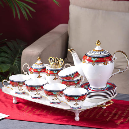 Euro Style Bone China Tea Set, Tea Sets For 6 Adults, Bone China Tea Cup Set With Teapot Spoons, Sugar Bowl, Creamer Pitcher, Tea Set for Women, Tea Party Set, Gift Package (21, Vienna)