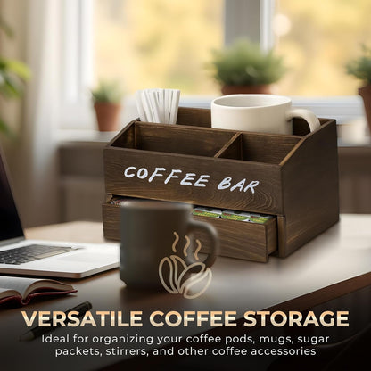 Coffee Station Organizer for Countertop with Pod Storage Drawer - Coffee Bar for Home, Kitchen, Dining Area, Office & Breakroom - Natural Wood, 3 Compartments, 2-tier, Rustic Brown