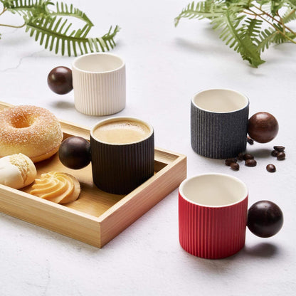 Ceramic Mini Espresso Cups Demitasse Cups with Round Wooden Handle Vertical Stripes Tea Cups (gray, 2pcs)