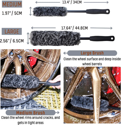 Refined Long Handle Car Wheel Brush Arsenal, Soft Wheel and Rim Brush,Tire Brush, Bendable & Durable Car Wheel Rim Cleaner Brush Set for Cleaning Wheel and Tire, Large, Grey & Black