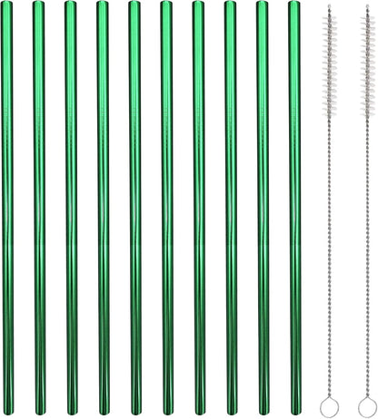 10 Pcs Stainless Steel Straws, Reusable Drinking Straws, Straight Metal Straw Sets with 2 Pcs Cleaning Brushes (10.5 Inch, Green)