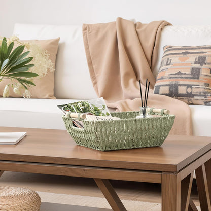 StorageWorks Large Wicker Storage Basket for Organizing with Wooden Handles, Toilet Paper Baskets for Bathroom, Bosana Green, 2-Pack