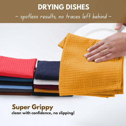 Native Fab 18 Pack Waffle Dish Cloths - 100% Cotton, Absorbent, Quick Drying, Washable Towels for Cleaning, Cooking, Baking - Great for Home, Restaurants, Bars & Cafes - 12 x 12 inch, Mustard Yellow