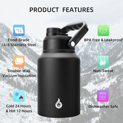 BJPKPK 64 oz Insulated Water Bottle, Dishwasher Safe Half Gallon Water Bottle with Ergonomic Handle, BPA Free Leak Proof Water Jug for Sports, Metal Thermos with Anti-slip Bottom, Black