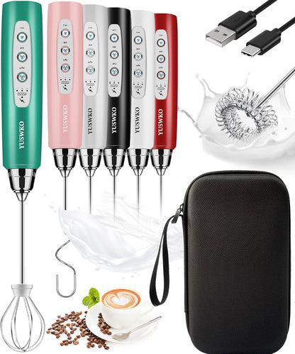 YUSWKO Rechargeable Milk Frother for Coffee, Handheld Drink Mixer with 3 Heads 3 Speeds, Ideal Coffee Frother Wand for Travel - Green