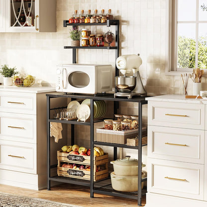 Huuger 31.5 Inch Bakers Rack with Power Outlets, Kitchen Microwave Stand with Storage, Coffee Bar with 4 Hooks, 3-Level Height Open Shelves, Black