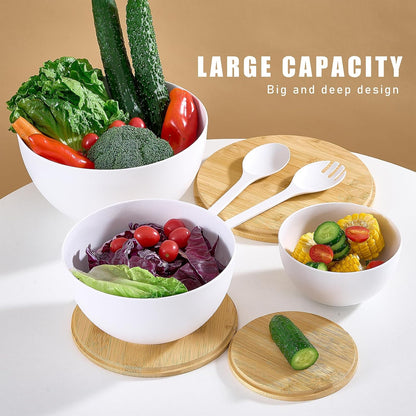 Large Salad Bowls with Bamboo Lids Set of 3, Mixing Nesting Bowls Round Serving Bowls with Servers for Salads, Kitchen Eating, Pastas, Popcorn, Chips, Trifle, Fruit, Food Prepare (White,10",8",6" )