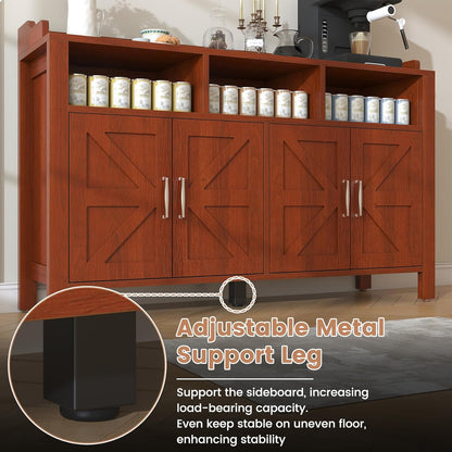 Buffet Cabinet with Storage Farmhouse with 4 Doors and 3 Open Compartments, 55'' Large Kitchen Storage Cabinet Cherry Wood Coffee Bar Buffet Sideboard for Kitchen, Dining Room, Living Room