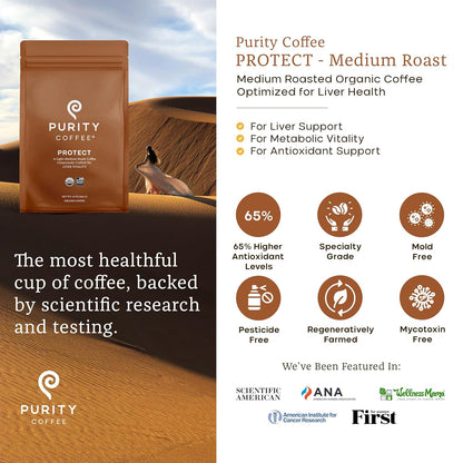 Purity Coffee PROTECT Light-Medium Roast Ground Coffee for Liver Vitality - USDA Organic and Third-Party Tested for Antioxidants, Mold, Mycotoxins and Pesticides - 12oz (Purity Protect, light_roast) | Ground| PROTECT