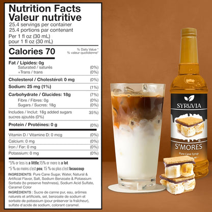 Syruvia S’mores Syrup for Coffee - 25.4 fl oz. Kosher and Gluten-Free. Perfect for Lattes, Smoothies, Shakes, Drinks, Desserts, and More.